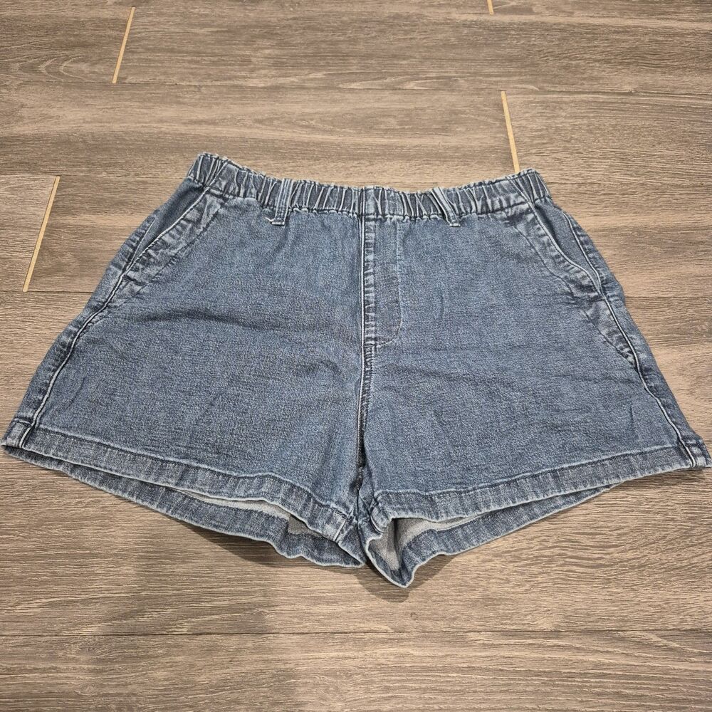 Cosmic Blue Love Shorts Womens L Blue Denim Elastic Waist Pull On Stretch
